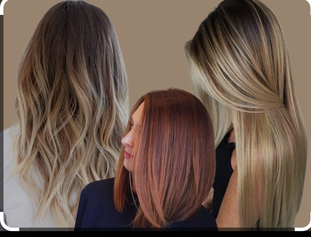 Tres estilos de cabello: uno ondulado con mechas rubias, otro liso y rojizo, y un tercero liso rubio con reflejos en un fondo beige.